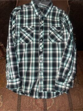 7 Diamonds  Large
Men's Black and Teal Plaid Button-Down Shirt